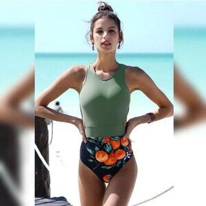 CUPSHE WOMENS‎ SZ L SEXY CUT OUT SWIMSUIT GREEN w/Oranges One Piece